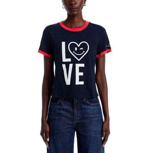 Cinq A Sept Love Heart Smiley Ringer Tee Shirt Navy Red White NWT Medium Slub